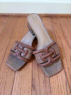 Sam Edelman Woven Raffia Block Heel Slide Sandals Tan Brown Size 8